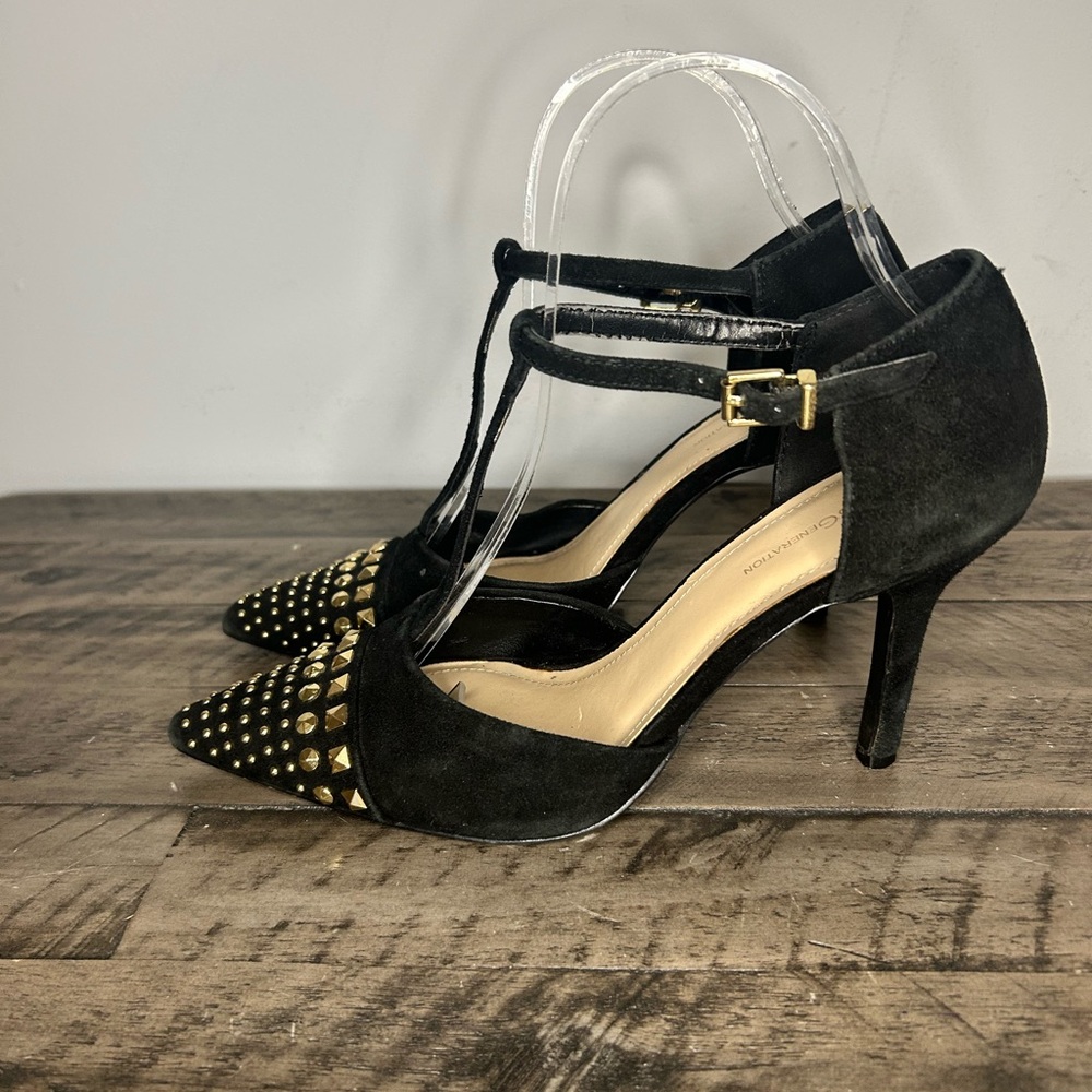 BCBGenetation Gold Studded T Strap Heels